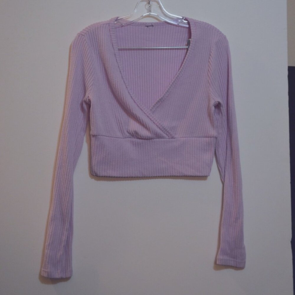 Crop Top Light Pink Long Sleeves Deep V-Neck Overlaps Knit Blouse approx. M